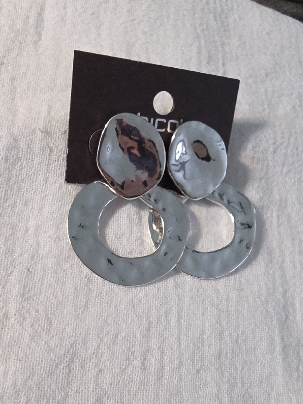 Chico's Shiny Silver Hammered Open Hoop Drop Earrings - Picture 4 of 4